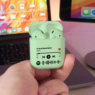 Pastel Green wireless earphones customizable with Spotify song