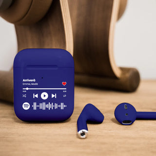 Metallic blue wireless earphones customizable with Spotify song