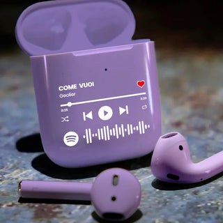 Lilac wireless earphones customizable with Spotify song