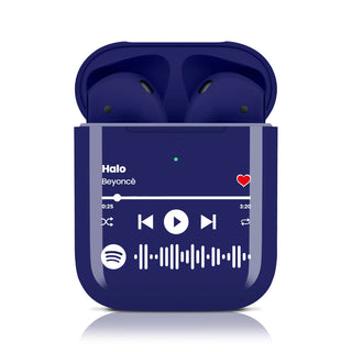 Metallic blue wireless earphones customizable with Spotify song