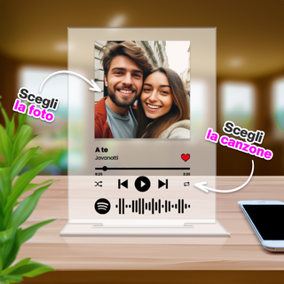 Personalized rectangular plexi plaque with photo and scannable Spotify song