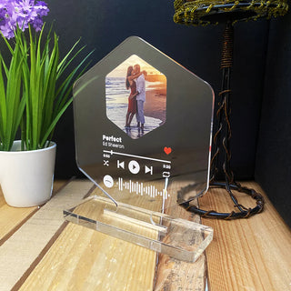 Personalized hexagonal plexi plaque with photo and scannable Spotify song