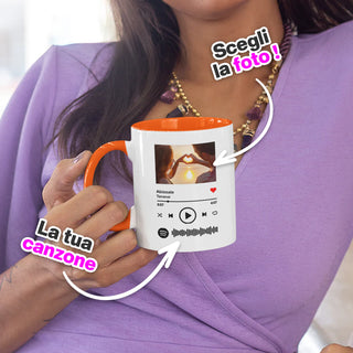 Orange Ceramic Mug with Personalized Photo and scannable Spotify song