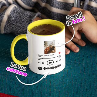 Yellow Ceramic Mug with Personalized Photo and scannable Spotify song