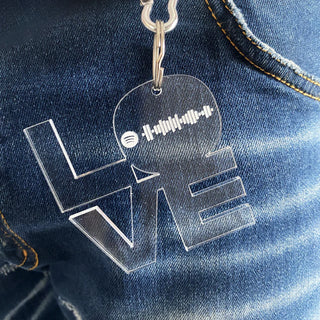 LOVE written key ring in plexiglass personalized with photo and Spotify song