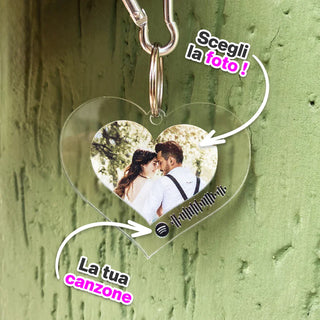 Personalized plexiglass heart keyring with photo and Spotify song