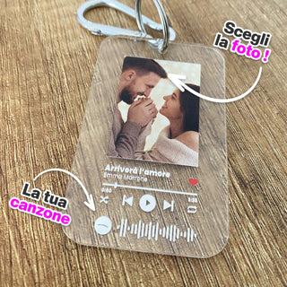 Rectangular plexiglass keyring personalized with photo and Spotify song