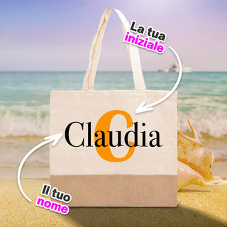 Borsa mare in cotone + Juta naturale personalizzata con iniziali e nome