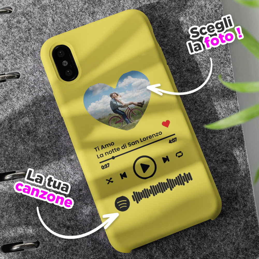 Cover Gialla per Iphone Personalizzata con foto e brano Spotify scansi