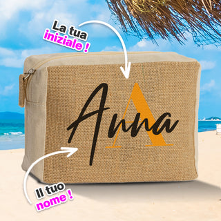 Natural jute beach clutch bag personalized with initials and name