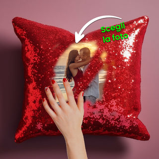 Square cushion with red sequins 100% polyester with photo