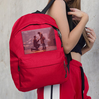 Red backpack personalized with photo.