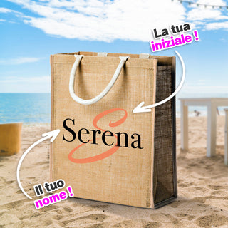 Borsa mare in juta naturale personalizzata con iniziali e nome