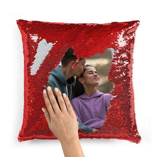 Square cushion with red sequins 100% polyester with photo