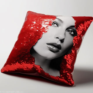 Square cushion with red sequins 100% polyester with photo