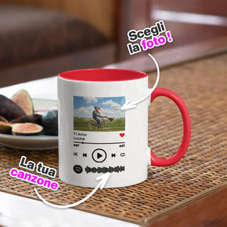 Red Ceramic Mug with Personalized Photo and scannable Spotify song