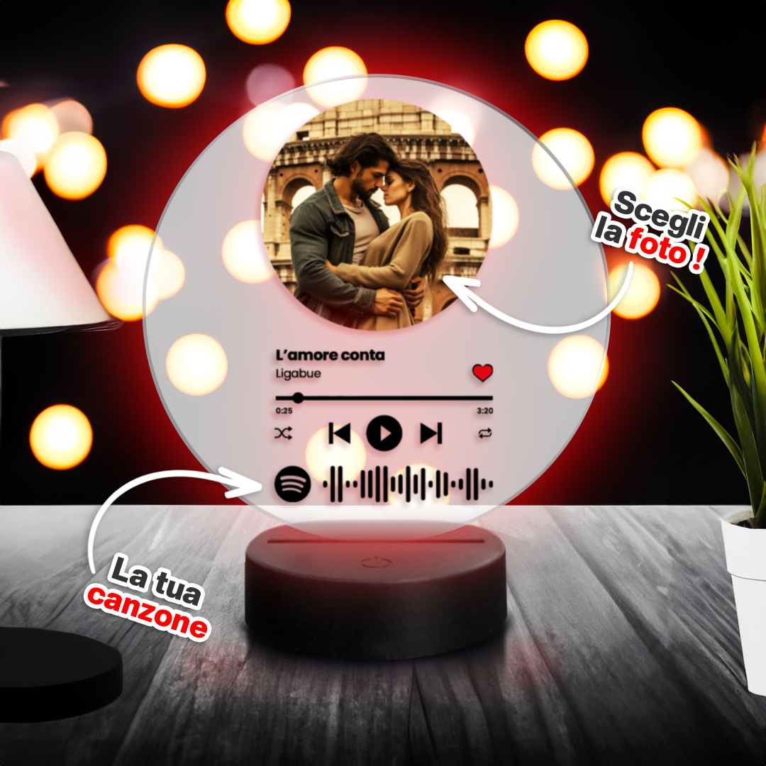 Targa con base a led e codice spotify con foto personalizzabile 15cm x –