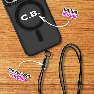 Cover iPhone Protettiva MagSafe nera con iniziali e laccio