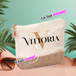 Natural jute beach clutch bag personalized with initials and name