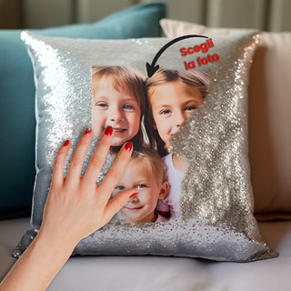 Square cushion with silver sequins 100% polyester with photo